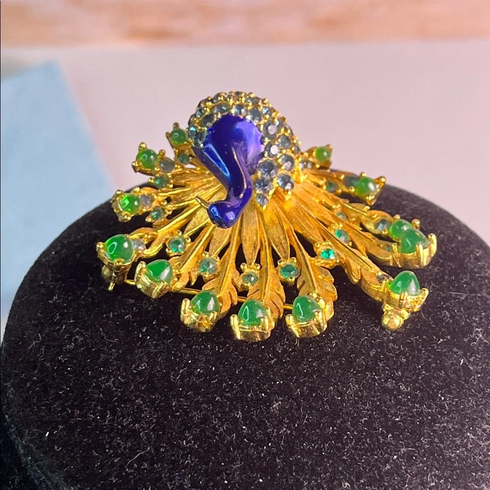 Vintage Boucher signed Gold, blue, green Peacock Brooch vintage designer